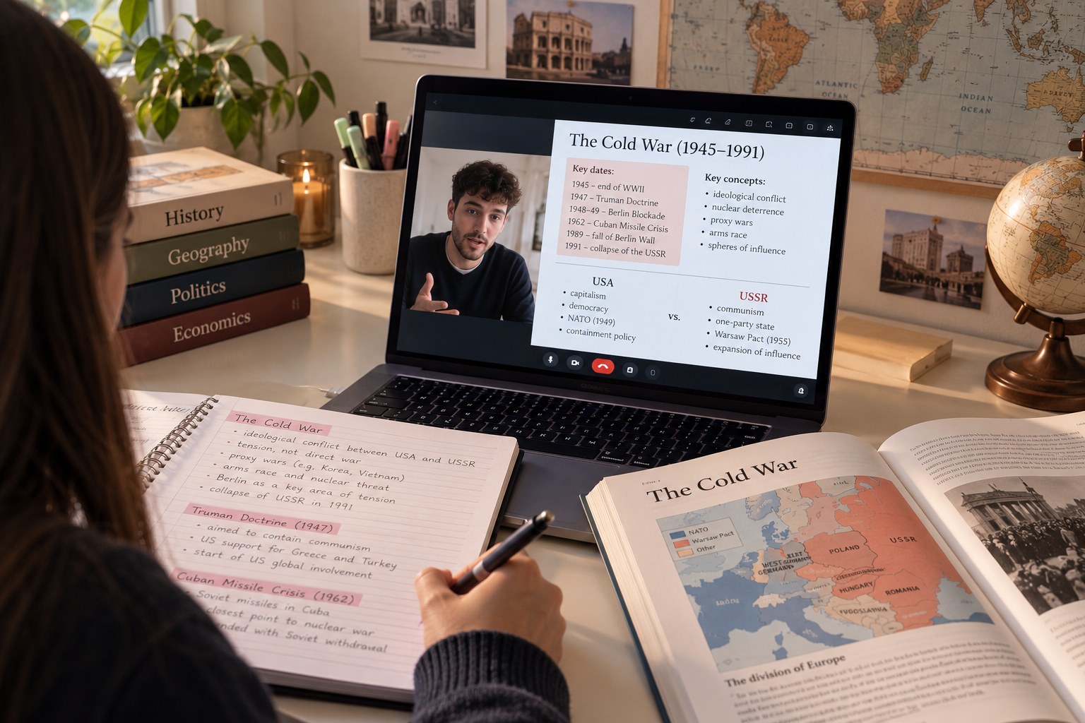 A student writing notes on the Cold War in a notebook beside a textbook open on a map of divided Europe, while a tutor explains the key dates on the laptop screen during an online humanities lesson