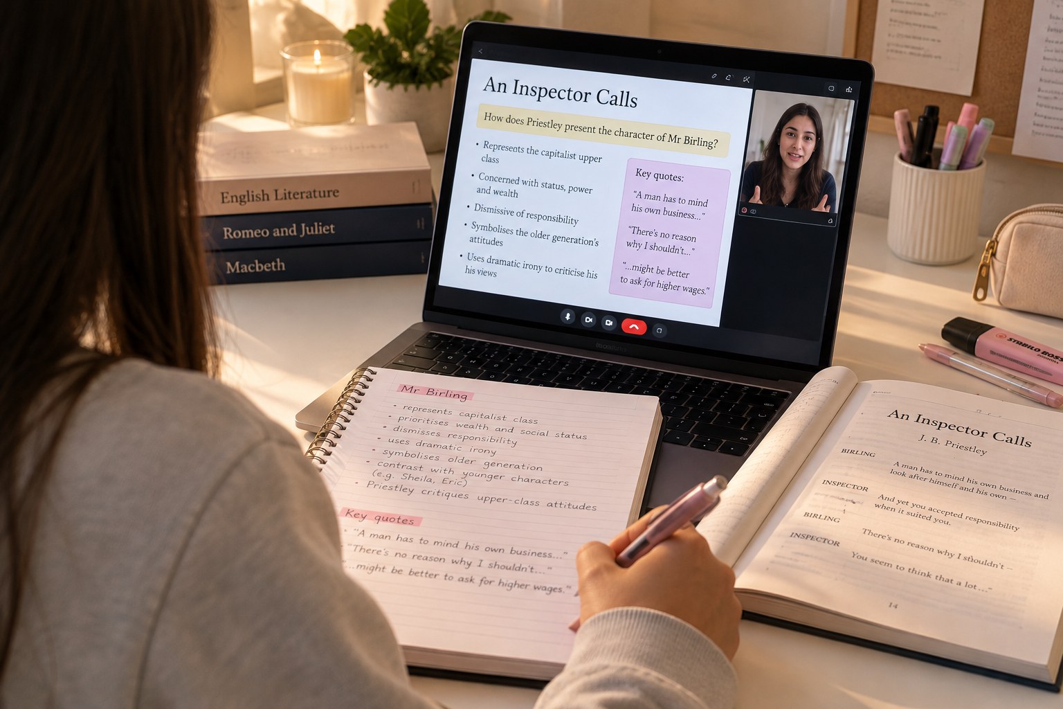 A student making notes on An Inspector Calls in a notebook and textbook while a tutor talks through key quotes on the laptop screen during an online English lesson